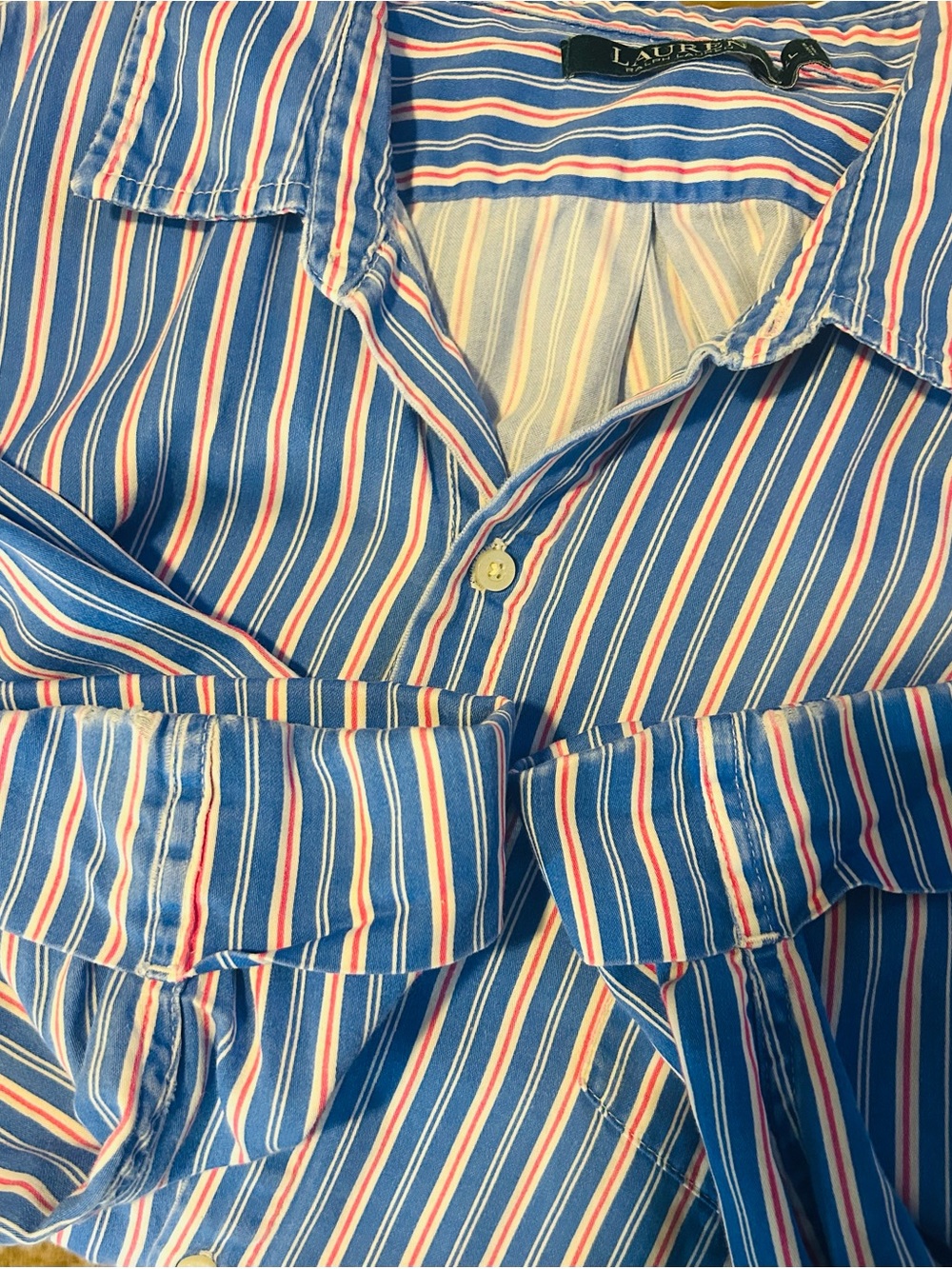 Lauren Ralph Lauren Button Up Sleep Shirt Blue Pink Stripes Women’s Size XL - Picture 11 of 11